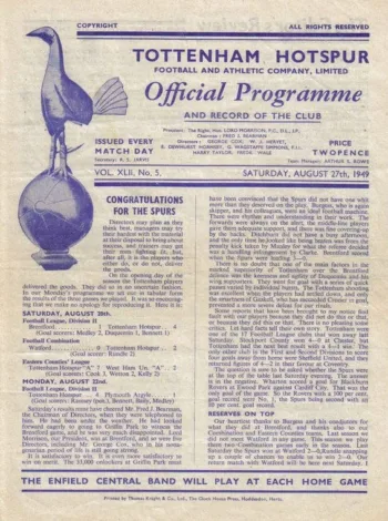 Spurs v Blackburn Rovers (27 Aug 1949) Programme