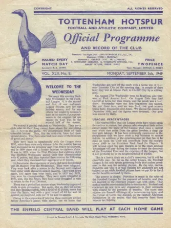 Spurs v Sheffield Wednesday (05 Sep 1949) Programme