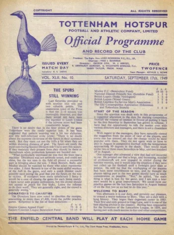 Spurs v Bury FC (17 Sep 1949) Programme