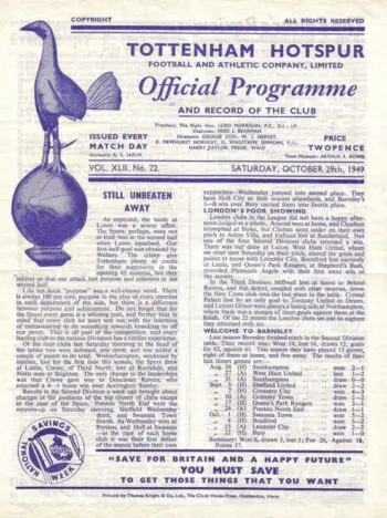 Spurs v Barnsley FC (29 Oct 1949) Programme