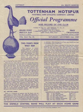 Spurs v Sheffield United (12 Nov 1949) Programme