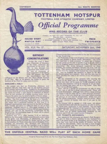 Spurs v Queens Park Rangers (26 Nov 1949) Programme