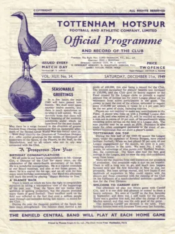 Spurs v Cardiff City (31 Dec 1949) Programme