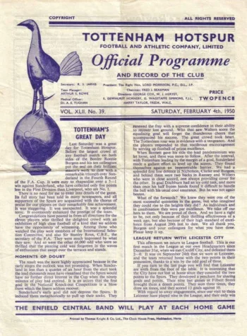 Spurs v Leicester City (04 Feb 1950) Programme