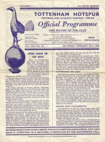 Spurs v Southampton FC (25 Feb 1950) Programme
