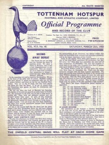 Spurs v West Ham United (25 Mar 1950) Programme