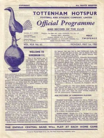 Spurs v Hibernian (01 May 1950) Programme