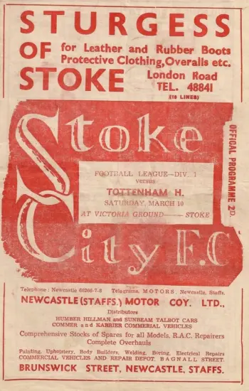 Spurs v Stoke City (10 Mar 1951) Programme