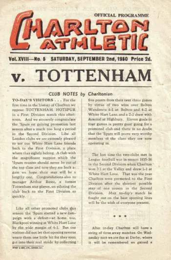 Spurs v Charlton Athletic (02 Sep 1950) Programme