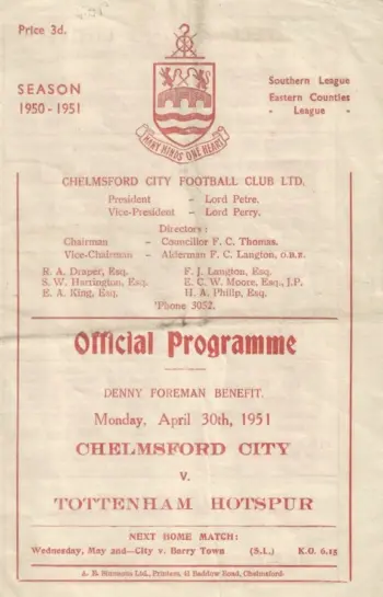 Spurs v Chelmsford City (30 Apr 1951) Programme