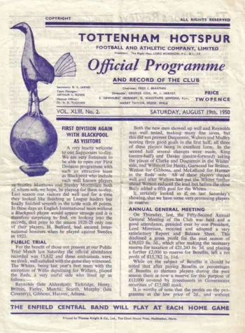 Spurs v Blackpool FC (19 Aug 1950) Programme
