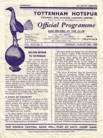 Spurs v Bolton Wanderers (28 Aug 1950) Programme