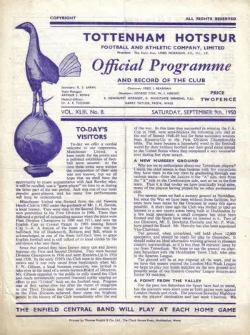 Spurs v Manchester United (09 Sep 1950) Programme