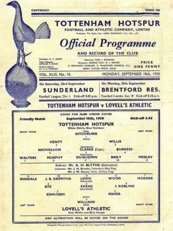 Spurs v Lovell's Athletic FC (18 Sep 1950) Programme