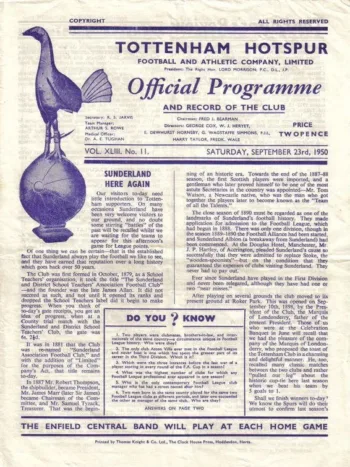 Spurs v Sunderland AFC (23 Sep 1950) Programme