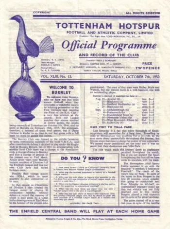 Spurs v Burnley FC (07 Oct 1950) Programme