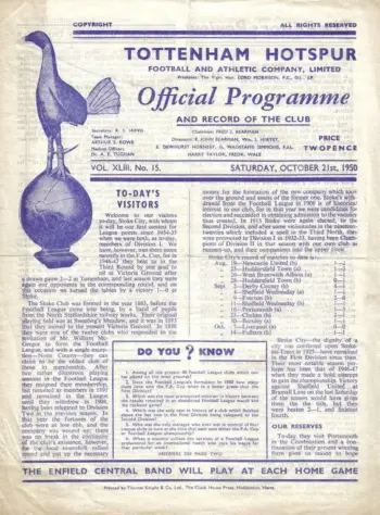 Spurs v Stoke City (21 Oct 1950) Programme