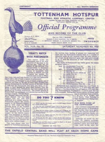 Spurs v Portsmouth FC (04 Nov 1950) Programme