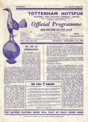 Spurs v Middlesbrough FC (02 Dec 1950) Programme