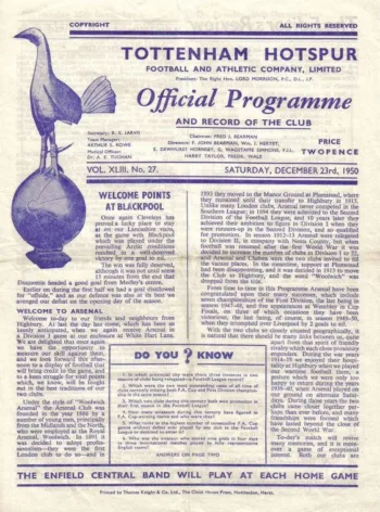 Spurs v Arsenal FC (23 Dec 1950) Programme