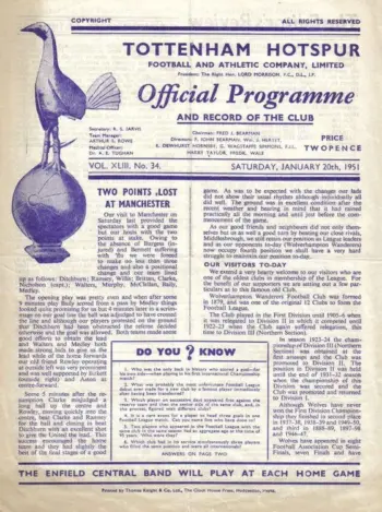 Spurs v Wolverhampton Wanderers (20 Jan 1951) Programme