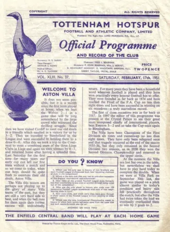 Spurs v Aston Villa (17 Feb 1951) Programme