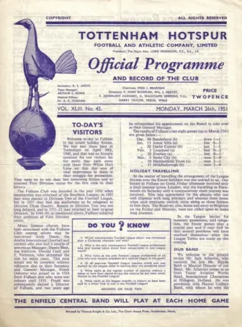 Spurs v Fulham FC (26 Mar 1951) Programme