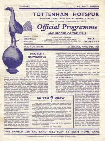 Spurs v Huddersfield Town (14 Apr 1951) Programme