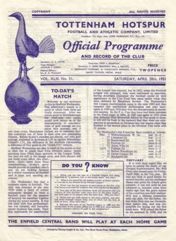 Spurs v Sheffield Wednesday (28 Apr 1951) Programme