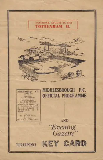 Spurs v Middlesbrough FC (18 Aug 1951) Programme