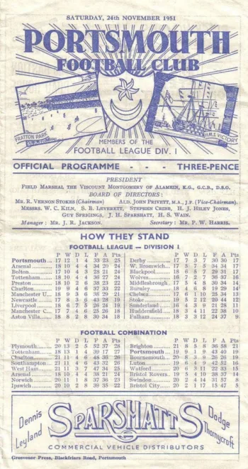 Spurs v Portsmouth FC (24 Nov 1951) Programme
