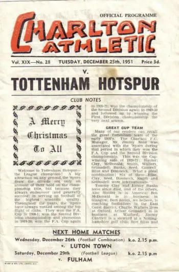 Spurs v Charlton Athletic (25 Dec 1951) Programme
