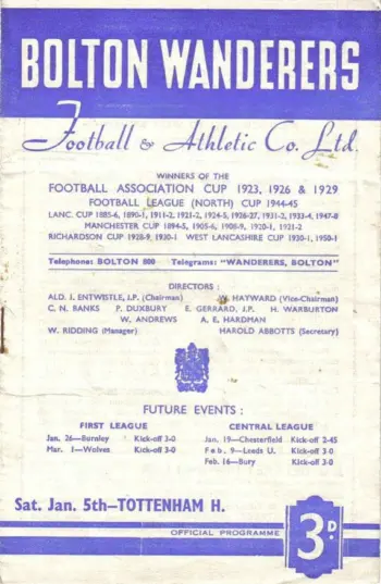 Spurs v Bolton Wanderers (05 Jan 1952) Programme