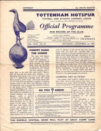 Spurs v Liverpool FC (01 Dec 1951) Programme