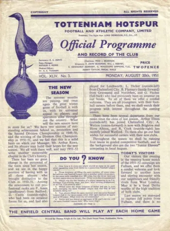 Spurs v Fulham FC (20 Aug 1951) Programme