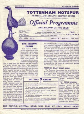 Spurs v West Bromwich Albion (25 Aug 1951) Programme