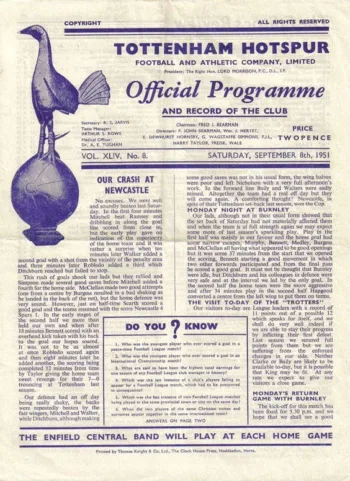 Spurs v Bolton Wanderers (08 Sep 1951) Programme