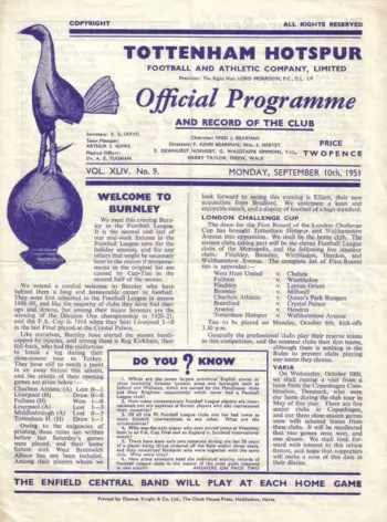 Spurs v Burnley FC (10 Sep 1951) Programme