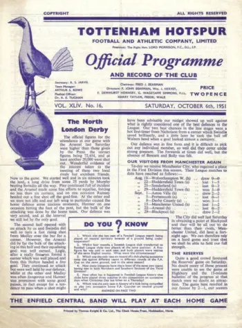 Spurs v Manchester City (06 Oct 1951) Programme