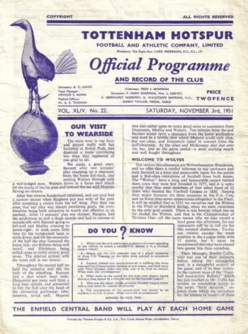 Spurs v Wolverhampton Wanderers (03 Nov 1951) Programme