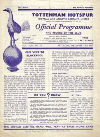 Spurs v Middlesbrough FC (15 Dec 1951) Programme