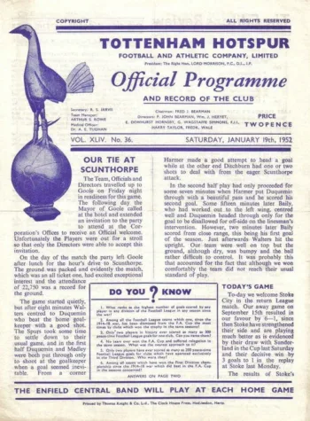 Spurs v Stoke City (19 Jan 1952) Programme