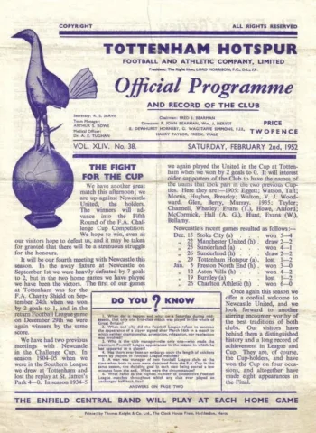 Spurs v Newcastle United (02 Feb 1952) Programme