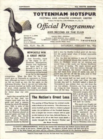Spurs v Arsenal FC (09 Feb 1952) Programme
