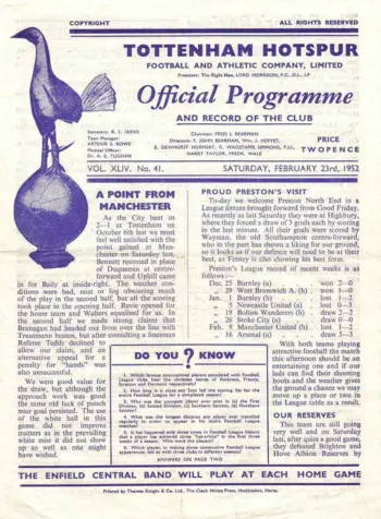Spurs v Preston North End (23 Feb 1952) Programme