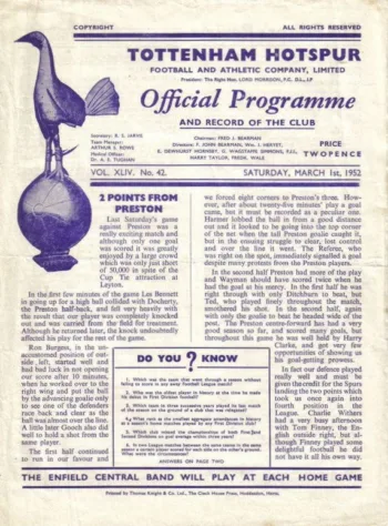 Spurs v Derby County (01 Mar 1952) Programme