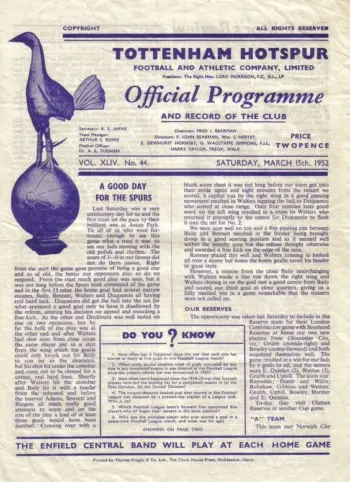 Spurs v Sunderland AFC (15 Mar 1952) Programme