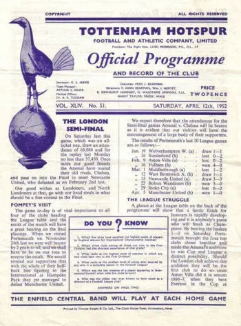 Spurs v Portsmouth FC (12 Apr 1952) Programme