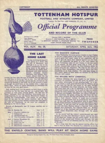 Spurs v Blackpool FC (26 Apr 1952) Programme