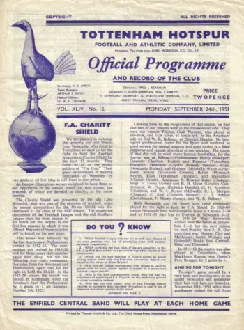 Spurs v Newcastle United (24 Sep 1951) Programme
